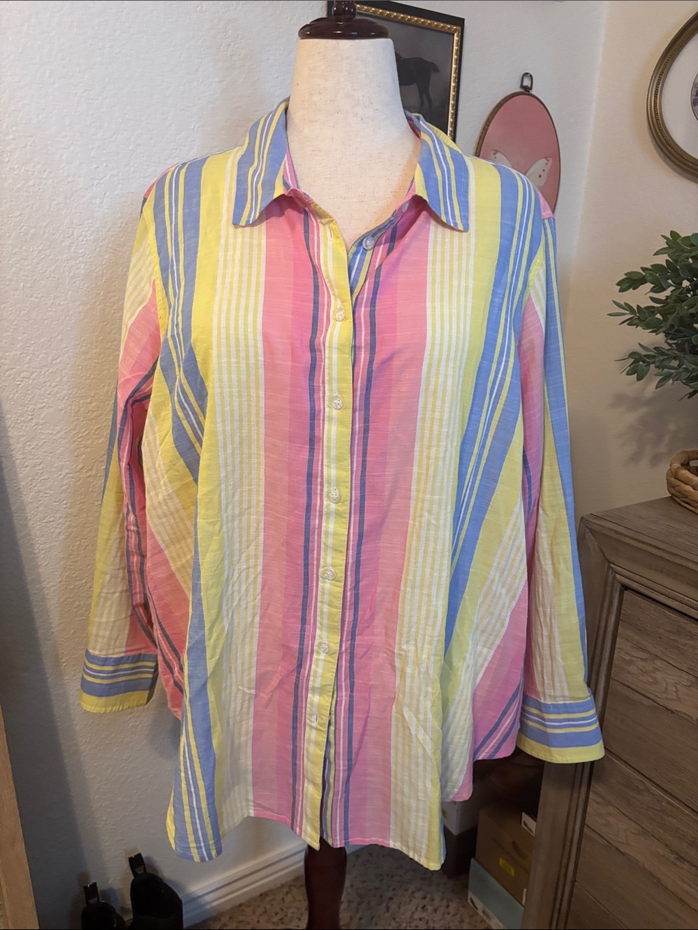 Lane Bryant Button-Front Stripe Shirt - Yellow, Pink & Blue-Size 18/20